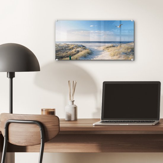 Peinture sur verre - Feuille acrylique - Mouette - Mer - Dunes - Décoration murale - 40x20 cm - Décoration d'intérieur - Peinture sur verre mer - Photo sur verre - Verre acrylique - Décoration murale