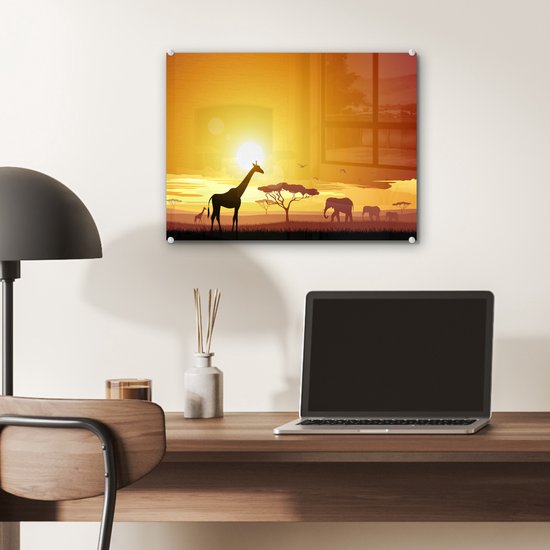 ® Glasschilderij 40x30 cm - Schilderij acrylglas - Illustratie van een Afrikaanse zonsondergang met een giraffe en olifant - Foto op glas - Muurdecoratie woonkamer - Wanddecoratie slaapkamer - Schilderijen