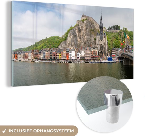 MuchoWow® Glasschilderij 160x80 cm - Schilderij acrylglas - Dinant ligt aan het water bij de Ardennen - Foto op glas - Schilderijen