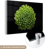 MuchoWow® Glasschilderij 180x120 cm - Schilderij acrylglas - Een groene chrysanthemum bloem op zwarte achtergrond - Foto op glas - Schilderijen