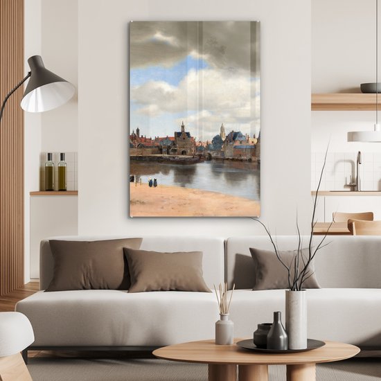 ® Glasschilderij 80x120 cm - Schilderij acrylglas - Gezicht op Delft - Schilderij van Johannes Vermeer - Foto op glas - Muurdecoratie woonkamer - Wanddecoratie slaapkamer - Schilderijen