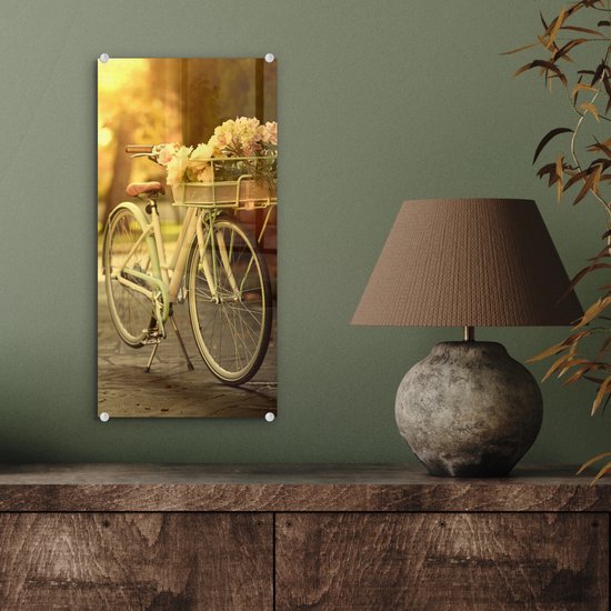 MuchoWow® Peinture sur verre 20x40 cm - Peinture sur verre acrylique - Fleurs dans le panier du vélo - Photo sur verre - Peintures