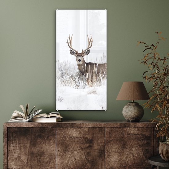 MuchoWow® Peinture sur verre 40x80 cm - Peinture acrylique sur verre - Cerf - Hiver - Neige - Animaux - Saisons - Wit - Photo sur verre - Peintures