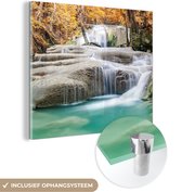 MuchoWow® Glasschilderij 50x50 cm - Schilderij acrylglas - Bos - Waterval - Water - Herfst - Foto op glas - Schilderijen