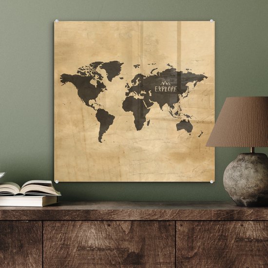Peinture sur Verre - Carte du Wereldkaart - Vintage - Voyages - 50x50 cm - Peintures sur Verre Peintures - Photo sur Glas