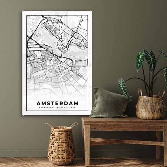 MuchoWow® Peinture sur Verre - Carte - Amsterdam - Zwart - Wit - 80x120 cm - Peintures sur Verre Peintures - Photo sur Glas