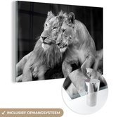 MuchoWow® Glasschilderij 90x60 cm - Schilderij acrylglas - Vrouwelijke en mannelijke leeuw liggend op de grond - zwart wit - Foto op glas - Schilderijen