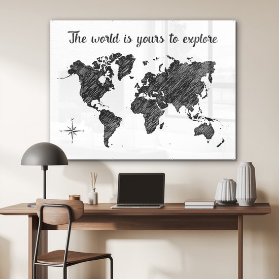 Peinture sur Verre - Carte du Wereldkaart - Voyages - Croquis - 120x90 cm - Peintures sur Verre Peintures - Photo sur Glas