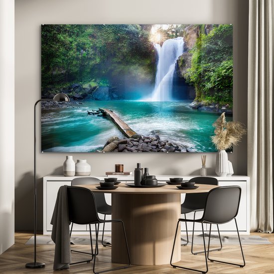 Peinture sur verre - Décoration murale - Cascade - Rocher - Paysage - Pierres - Plaque acrylique - Peinture sur Verres - Décoration d'intérieur - 150x100 cm - Verre acrylique