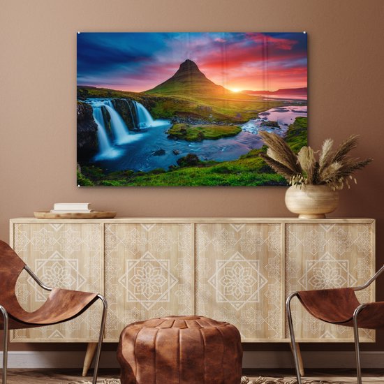 Peinture sur verre - Photo sur verre - Cascade - Islande - Coucher de soleil - Berg - Verre acrylique - Peinture sur verre nature - Peinture sur verre - 120x80 cm - Décoration murale - Décoration Décoration murale