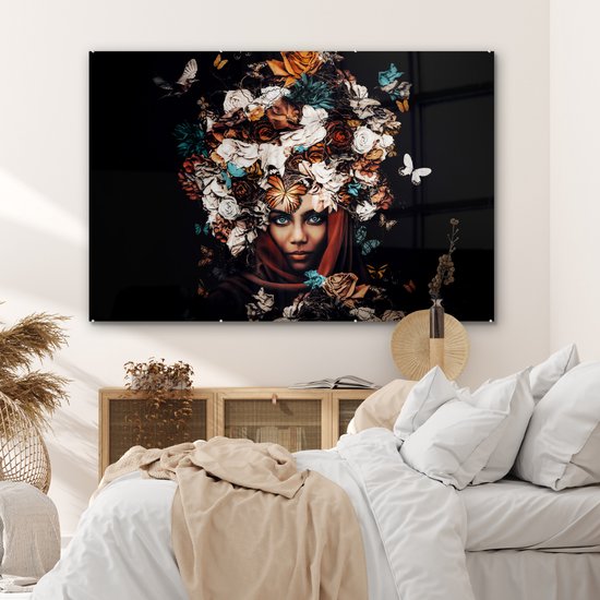 MuchoWow® Peinture sur Verre - Fleurs - Papillon - Femmes - Foulard - 180x120 cm - Peintures sur Verre Acrylique - Photo sur Glas