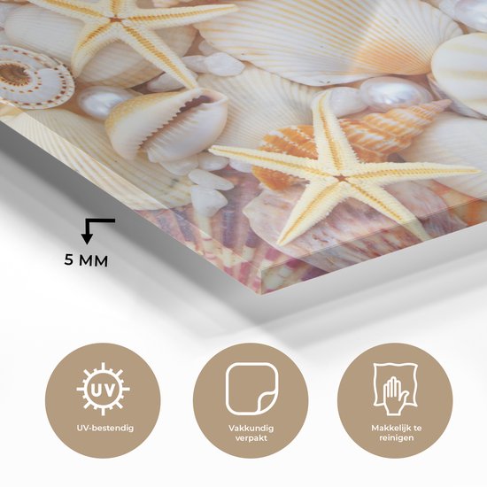 Peinture sur verre - Photo sur verre - Coquillage - Perles - Étoile de mer - Décoration murale - 150x100 cm - Peinture sur verre - Décoration murale - Photo sur verre - Peinture sur verre plage - Verre acrylique