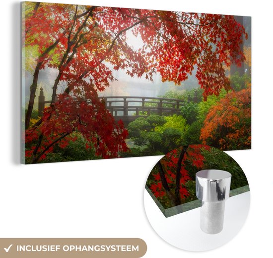 Glasschilderij - Japans - Brug - Japanse esdoorn - Bomen - Natuur - Acrylglas - Foto op glas - 120x60 cm - Glasschilderij natuur - Muurdecoratie glas - Wanddecoratie - Schilderij glas