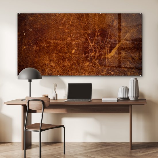 MuchoWow® Peinture sur verre 160x80 cm - Peinture sur verre acrylique - Cuir - Aspect cuir - Marron - Oranje - Photo sur verre - Peintures