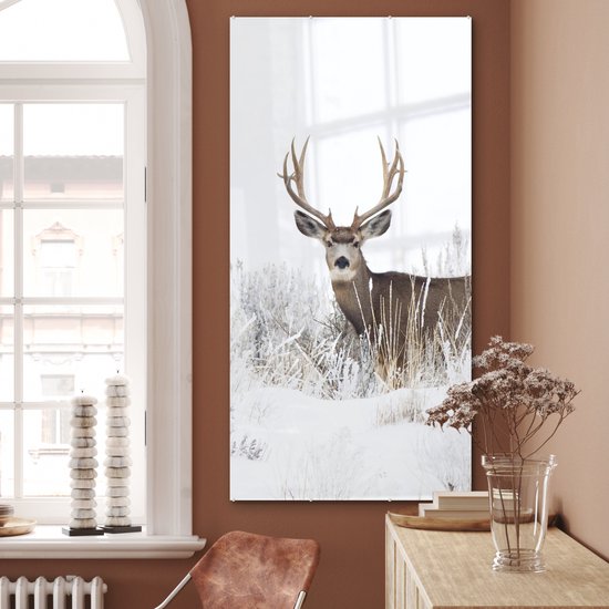 MuchoWow® Peinture sur verre 80x160 cm - Peinture sur verre acrylique - Cerf - Hiver - Neige - Animaux - Saisons - Wit - Photo sur verre - Peintures