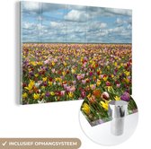 MuchoWow® Glasschilderij 180x120 cm - Schilderij acrylglas - Tulpen - Kleuren - Wolken - Foto op glas - Schilderijen