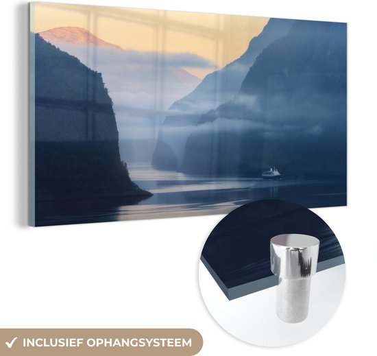MuchoWow® Glasschilderij 40x20 cm - Schilderij acrylglas - Fjorden in Noorwegen zonsopkomst - Foto op glas - Schilderijen