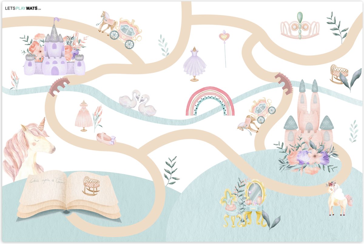 LetsPlaymats® Speelmat baby kinderen - Prinses - Kasteel - Bloemen - Eenhoorn - Meisjes - Speelkleed van vinyl – Speeltapijt - Antislip - 180x120 cm