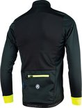 Zwarte fietsjas met een fluo-gele ritszak op de rug en fluo-gele manchetten. Rogelli logo.