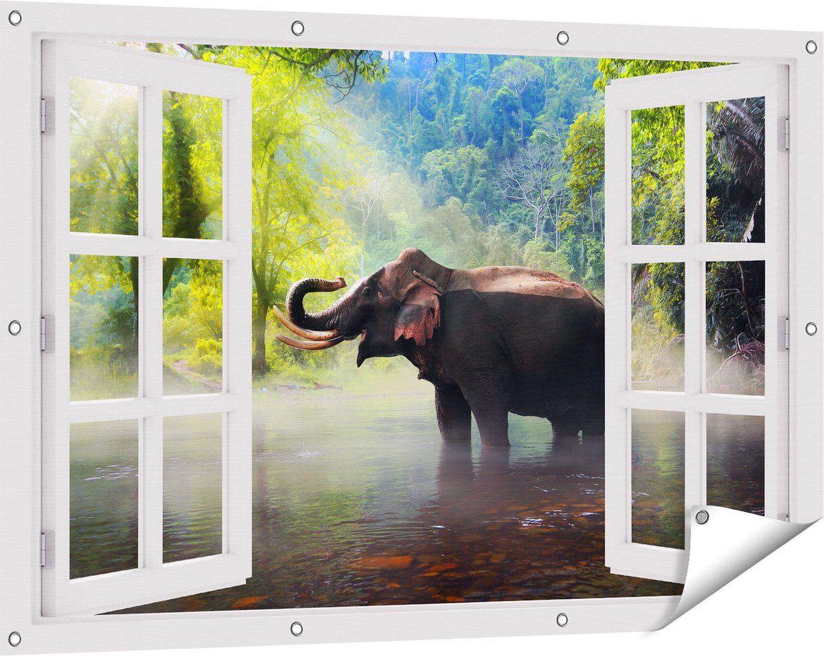 Gards Tuinposter Doorkijk Olifant in het Water - 120x80 cm - Tuindoek - Tuindecoratie - Wanddecoratie buiten - Tuinschilderij Wit