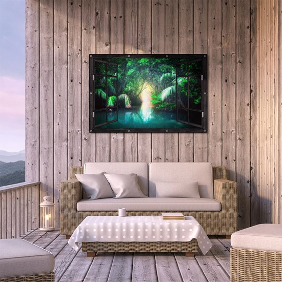 Gards Tuinposter Doorkijk Tropische Jungle met een Turquoise Meer - 120x80 cm - Tuindoek - Tuindecoratie - Wanddecoratie buiten - Tuinschilderij