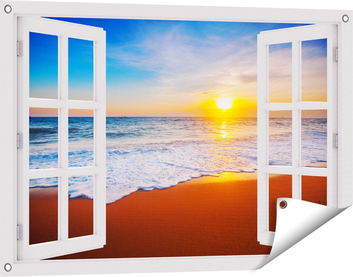 Gards Tuinposter Doorkijk Strand en Zee tijdens Zonsondergang - 90x60 cm - Tuindoek - Tuindecoratie - Wanddecoratie buiten - Tuinschilderij wit