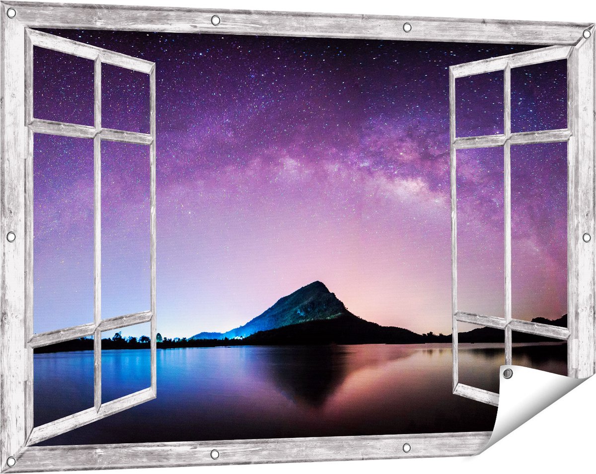 Gards Tuinposter Doorkijk Melkweg bij een Berg in Thailand - 120x80 cm - Tuindoek - Tuindecoratie - Wanddecoratie buiten - Tuinschilderij Grijs
