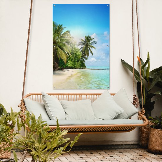 Tuinposter 80x120 cm - Tuindecoratie Zee - Palmboom - Strand - Tropisch - Blauw - Groen - Poster voor in de tuin - Buiten decoratie - Schutting tuinschilderij - Tuindoek muurdecoratie - Wanddecoratie balkondoek