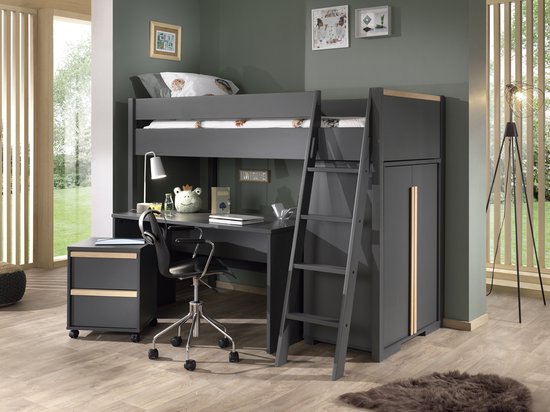 Vipack - slaper London met kast, bureau en ladeblok - 90x200 - Antraciet