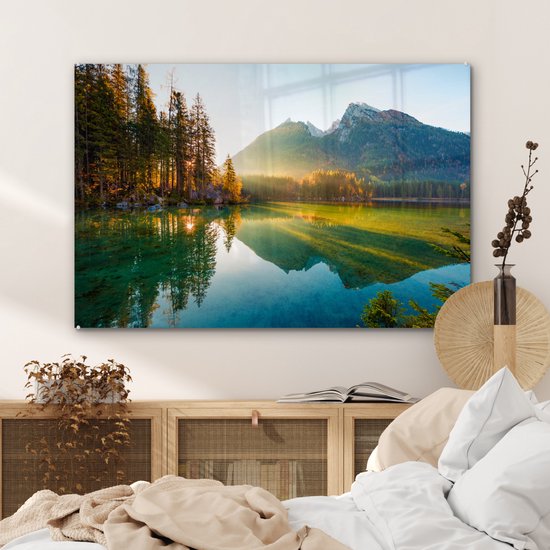 Peinture sur verre - Feuille acrylique - Lac - Water - Vert - Montagnes - Arbre - Décoration murale - Peinture sur verre - Verre acrylique - Photo sur verre - 120x80 cm - Peinture sur verre nature - Décoration murale