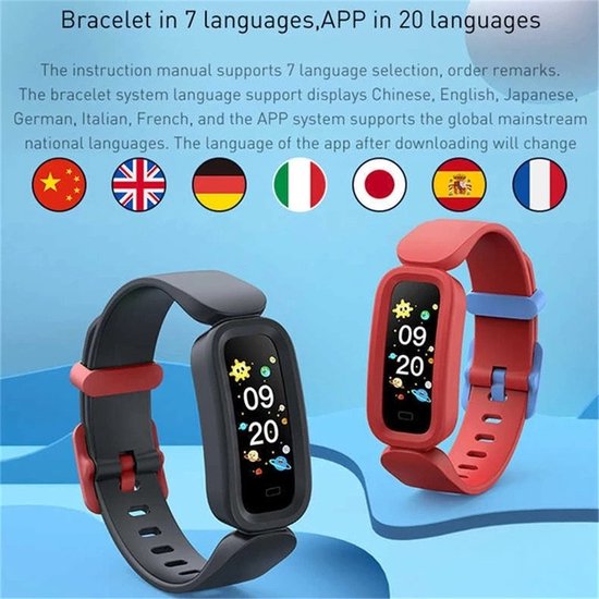 Twee kinder smartwatches, een zwarte met rode accenten en een rode met groene accenten. Beide tonen 09:20.