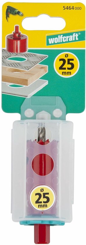 Wolfcraft gatenzaag van 25 mm, verpakt in een doorzichtige plastic verpakking.