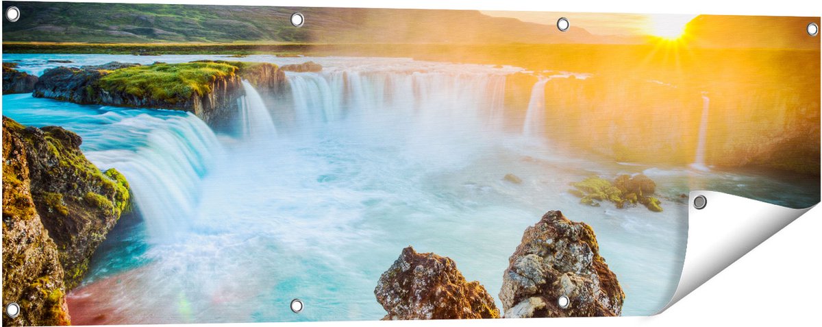 Gards Tuinposter Watervallen bij Zonsondergang - 120x40 cm - Tuindoek - Tuindecoratie - Wanddecoratie buiten - Tuinschilderij Multikleur