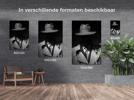 Gards Affiche de jardin Homme au Chapeau dans le Noir - Zwart Wit - 120x180 cm - Toile jardin - Décoration de jardin - Décoration murale extérieur - Tableau jardin