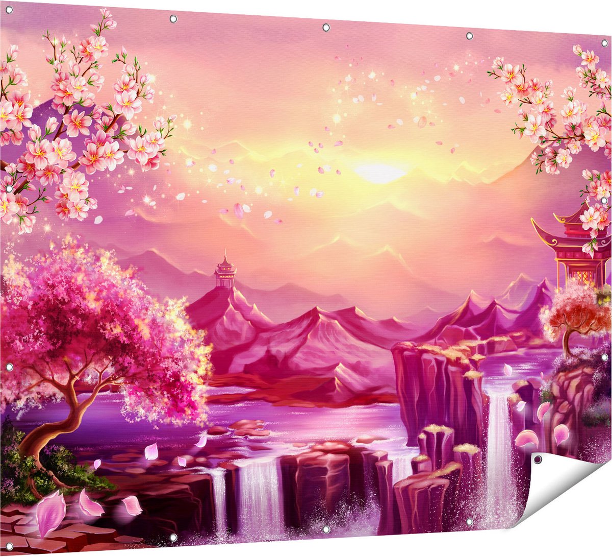 Gards Tuinposter Illustratie van Watervallen met Bloesems - 160x120 cm - Tuindoek - Tuindecoratie - Wanddecoratie buiten - Tuinschilderij Multikleur