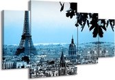 GroepArt - Schilderij -  Parijs, Eiffeltoren - Blauw, Grijs - 160x90cm 4Luik - Schilderij Op Canvas - Foto Op Canvas