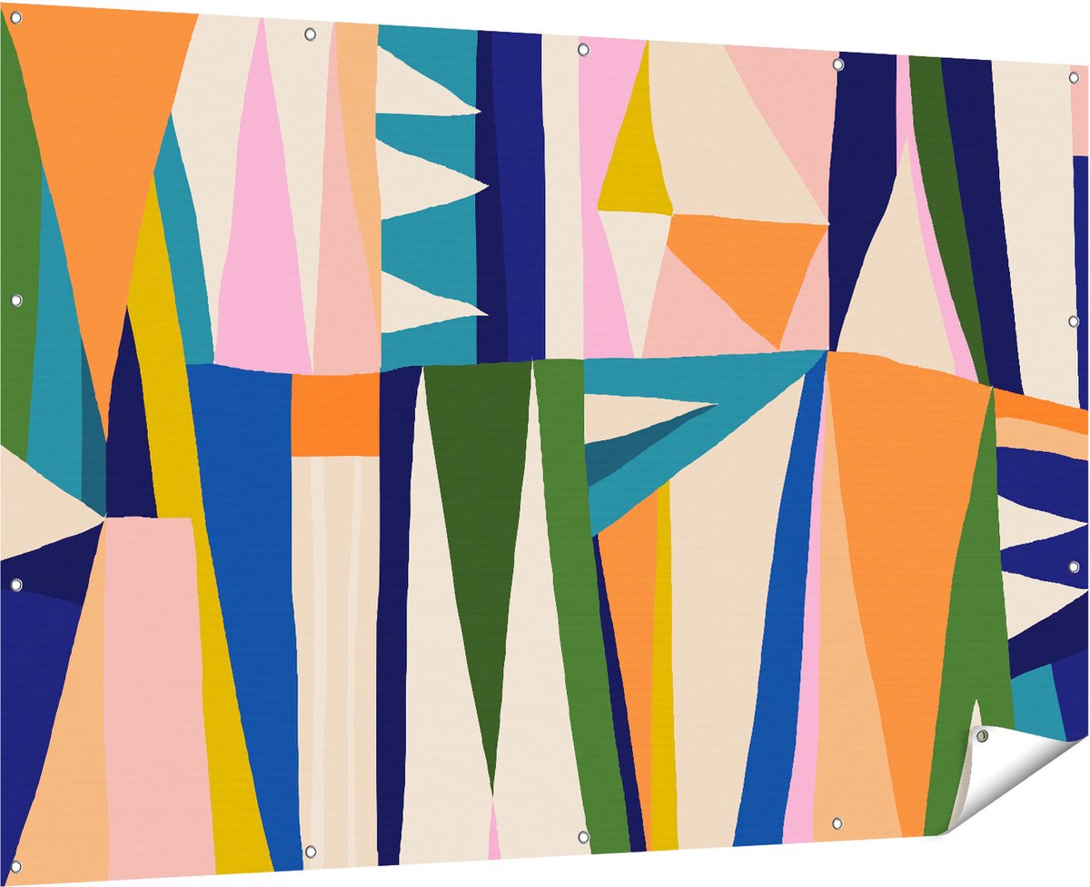 Gards Tuinposter Abstracte Kleurrijke Kunst - Driehoeken - 180x120 cm - Tuindoek - Tuindecoratie - Wanddecoratie buiten - Tuinschilderij Multikleur
