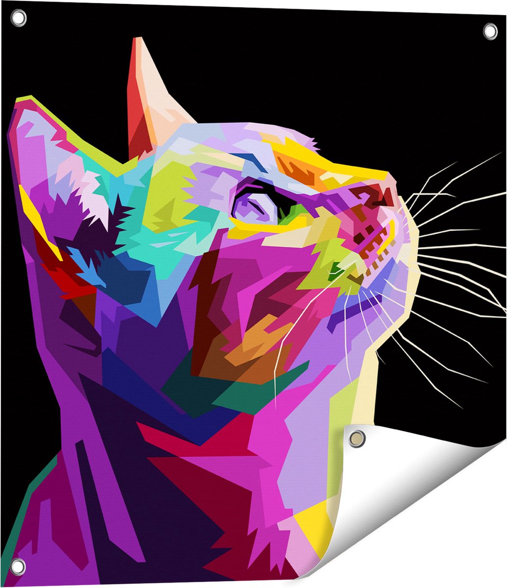 Gards Tuinposter Kleurrijke Kat Kijkt naar Boven - Abstract - 60x60 cm - Tuindoek - Tuindecoratie - Wanddecoratie buiten - Tuinschilderij Multikleur