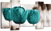 GroepArt - Schilderij - Tulpen, Bloemen - Turquoise, Sepia - 120x65cm 5Luik - Foto Op Canvas - GroepArt 6000+ Schilderijen 0p Canvas Art Collectie - Wanddecoratie