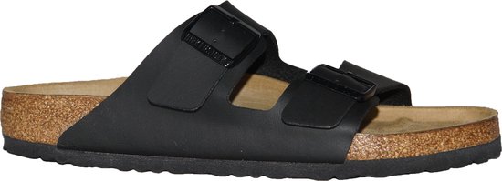 Zwarte Birkenstock Arizona slipper met kurken zool, van de zijkant gezien.