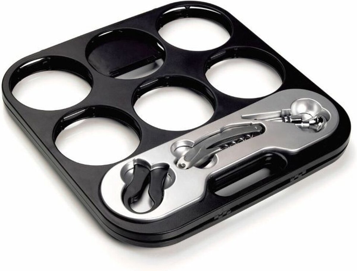 Flessenhouder en accessoires - Geschikt voor maximaal 6 flessen - Met kurkentrekker, flesopener en roestvrijstalen stop