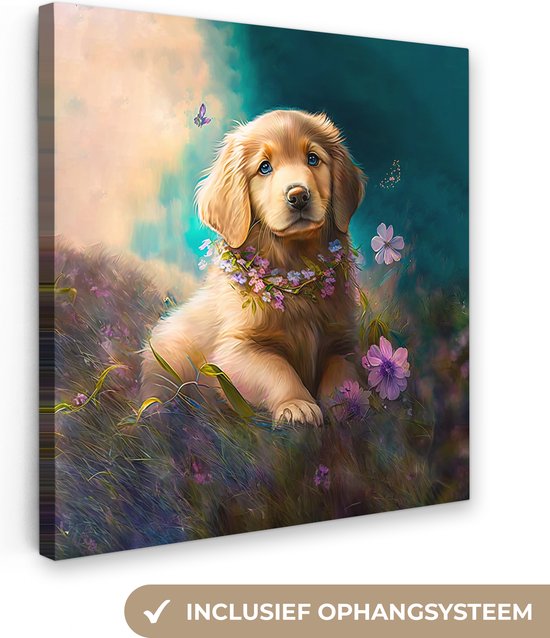 Canvas schilderij 90x90 cm - Wanddecoratie kinderkamer Puppy - Bloemenkrans - Vlinder - Hond - Golden retriever - Muurdecoratie babykamer - Kamer decoratie - Baby accessoires - Schilderijen jeugdkamer