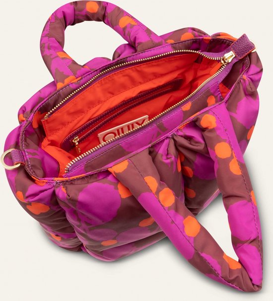 Paarse en oranje cirkels op bruine puffy handtas, met dubbele handvatten en open rits. Oranje voering.