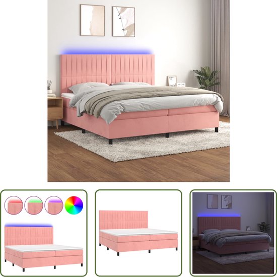 Foto: The living store boxspring pink velvet bed with led lights pocket spring mattress skin friendly topper 203x200x118 128 cm pink velvet plywood 2x100x200 cm bed mattress 200x200x5 cm topper 2 led strips