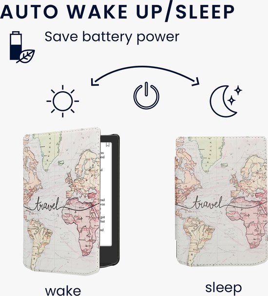 kwmobile e-reader hoesje geschikt voor Pocketbook Verse / Verse Lite / Verse Pro / Color / Vivlio Light/Light HD hoes - E reader flip case met magnetische sluiting - Ereader cover - Travel Wereldkaart design in zwart / meerkleurig van Merkloos — afbeelding 4