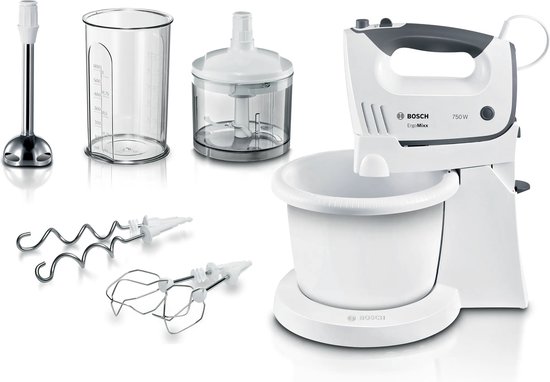 Witte Bosch ErgoMixx handmixer met grijze handgreep, mengkom en diverse accessoires.