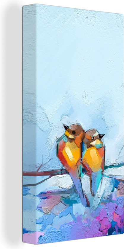 Toile - Peinture à l'huile - Vogels - Branche - Blauw - 40x80 cm - Décoration d'intérieur - Peintures sur toile