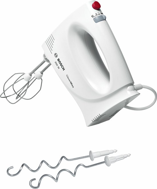 Witte Bosch CleverMixx handmixer met rode knop en twee accessoires: garde en deeghaken.