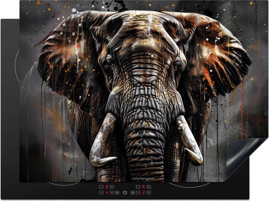 KitchenYeah® Protection plaque induction 65x50 cm - Éléphant - Animal - Peinture - Noir - Protege plaque de cuisson - Couvre plaque induction - Protecteur d'induction - Cuisine