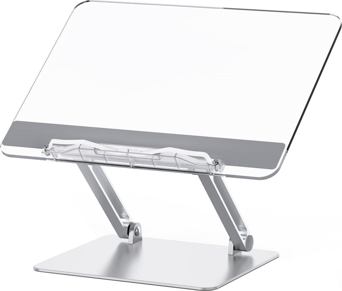 Verstelbare en opvouwbare aluminium en acryl boekenstandaard voor kookboeken en leerboeken met bureaustandaard geschikt voor laptops en tablets